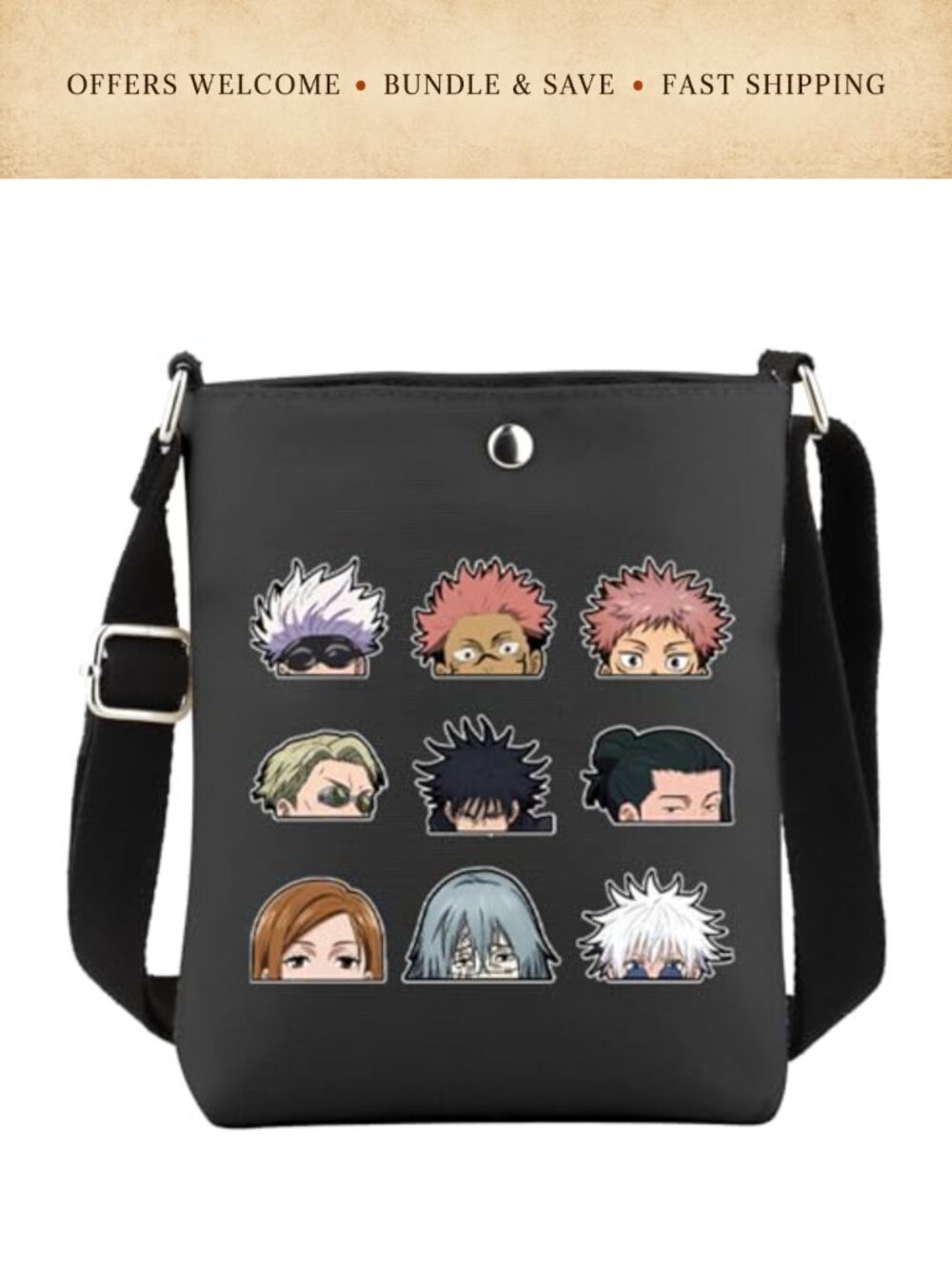 Anime Crossbody Bag Canvas Double-Sided Print Adjustable Strap Magnetic Buckle